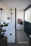 Bathroom, white bathroom with dark fixtures, black and white bathroom