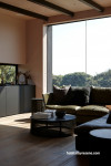 Living area, living area featuring Resene Blanched Pink and timber floors