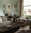 living room, lounge, Victorian inspired, green lounge, green living room, floral upholstery 