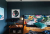 master bedroom, dark bedroom, dark interior, blue bedroom, blue interior, dark blue feature wall