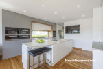 white kitchen, grey kitchen, grey feature wall, neutral kitchen, marble benchtop, grey and white 