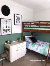 bedroom, childrens bedroom, kids bedroom, green bedroom, green feature wall, resene gondwana