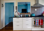 kitchen, yellow kitchen, blue lounge, yellow and blue, pastel yellow