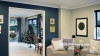 lounge, living room, blue lounge, blue feature wall, blue living room, resene cello 