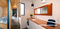 contemporary bach, modern cabin, contemporary cabin, modern cabin bathroom, new zealand cabin