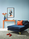 Lounge, Chair, Blue walls, Velvet furniture, Orange decor, Resene