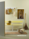 entryway, yellow benchseat, browns and yellows, yellow entryway, brown entryway